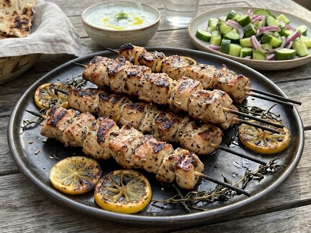 Marinated chicken skewers on a plate with lemon slices and herbs.