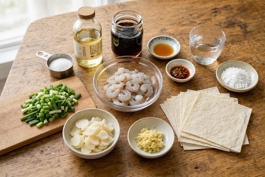 Prawn wonton ingredients on a table.