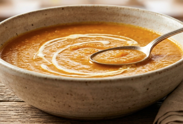 Closeup of a bowl of pumpkin soup.