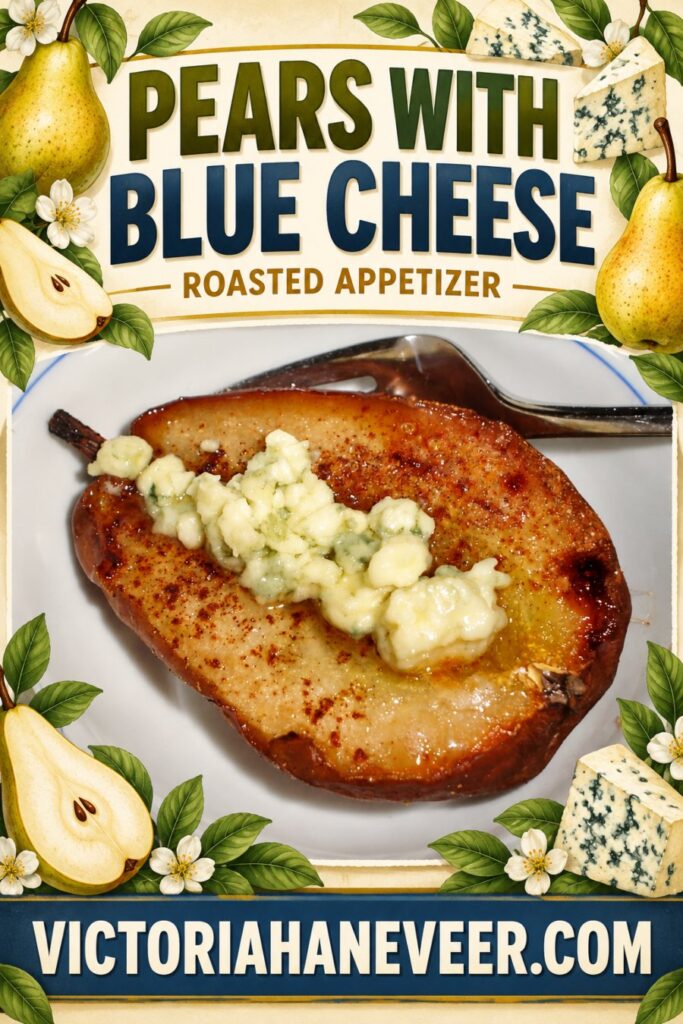 A pear half with blue cheese and "pears with blue cheese" text overlay.