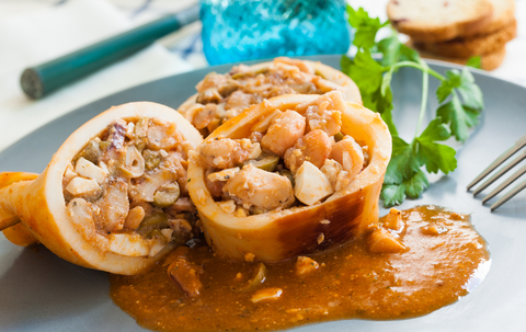 A plate of seafood stuffed squid.