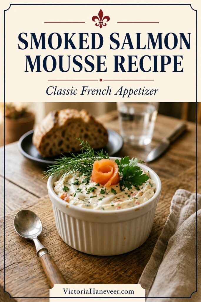 Creamy homemade fish mousse in a ramekin on a wooden table.