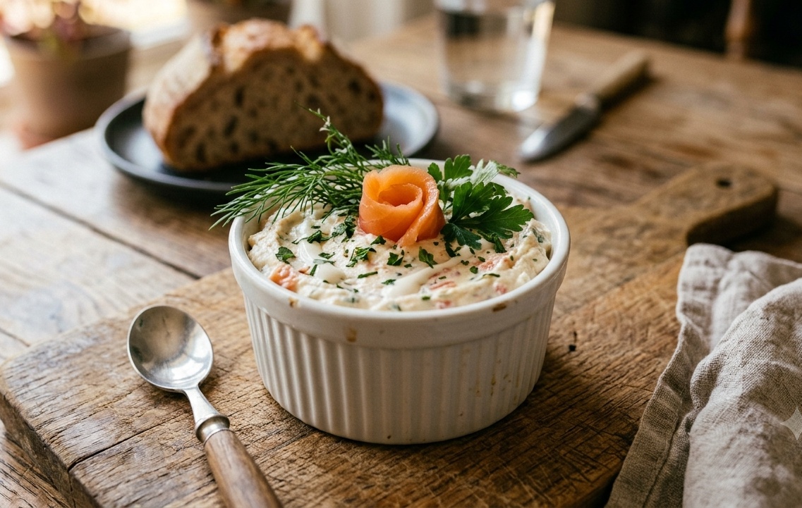 Smoked salmon mousse in a ramekin with smoked salmon, dill, parsley and bread.
