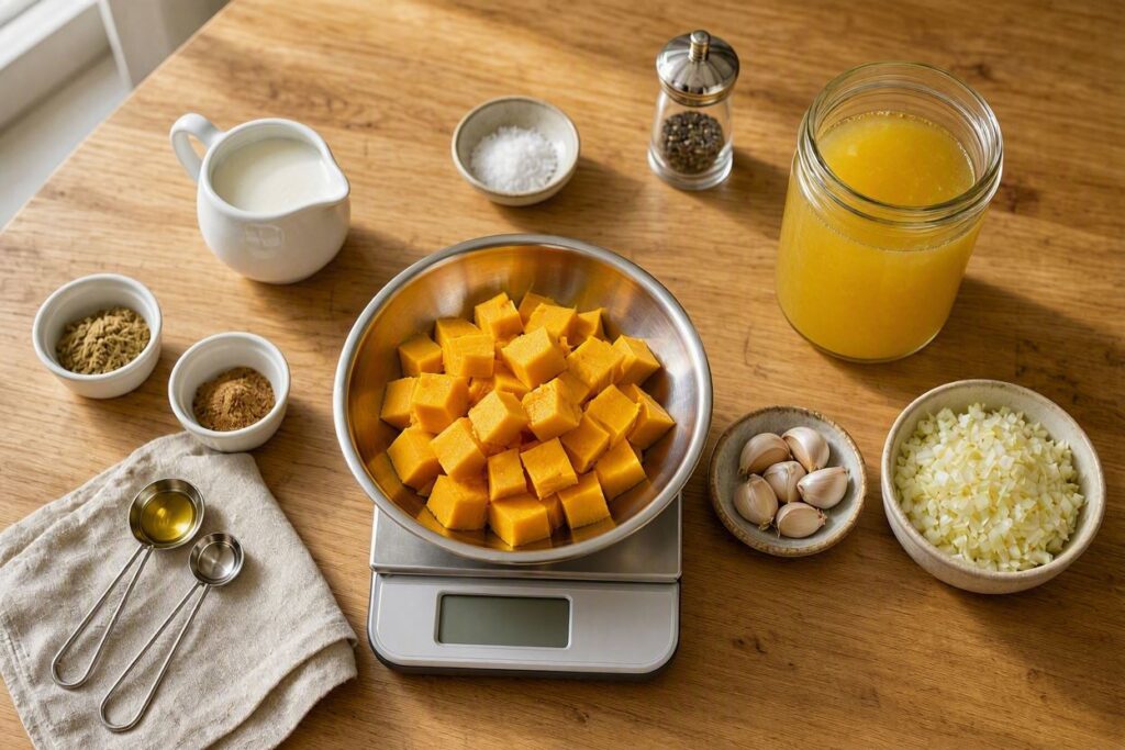 Ingredients for lightly spiced pumpkin soup on a wooden surface.
