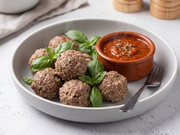 Steamed Italian meatballs with fresh basil and tomato dipping sauce.