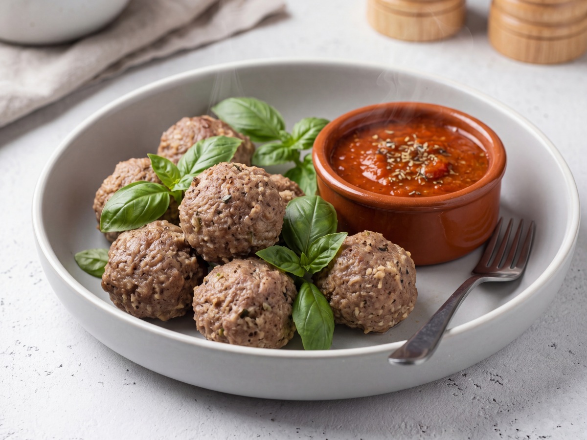 Steamed Italian meatballs with fresh basil and tomato dipping sauce.