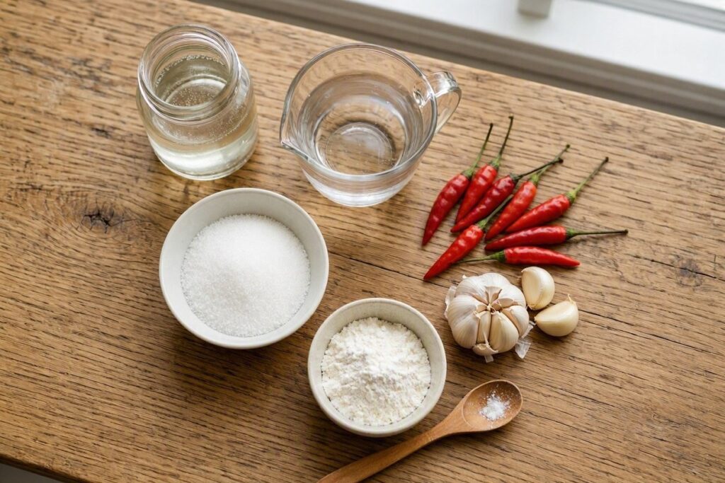 Ingredients for sweet chili dipping sauce.