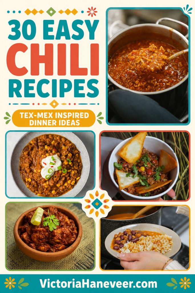 Various chili recipes in a collage.