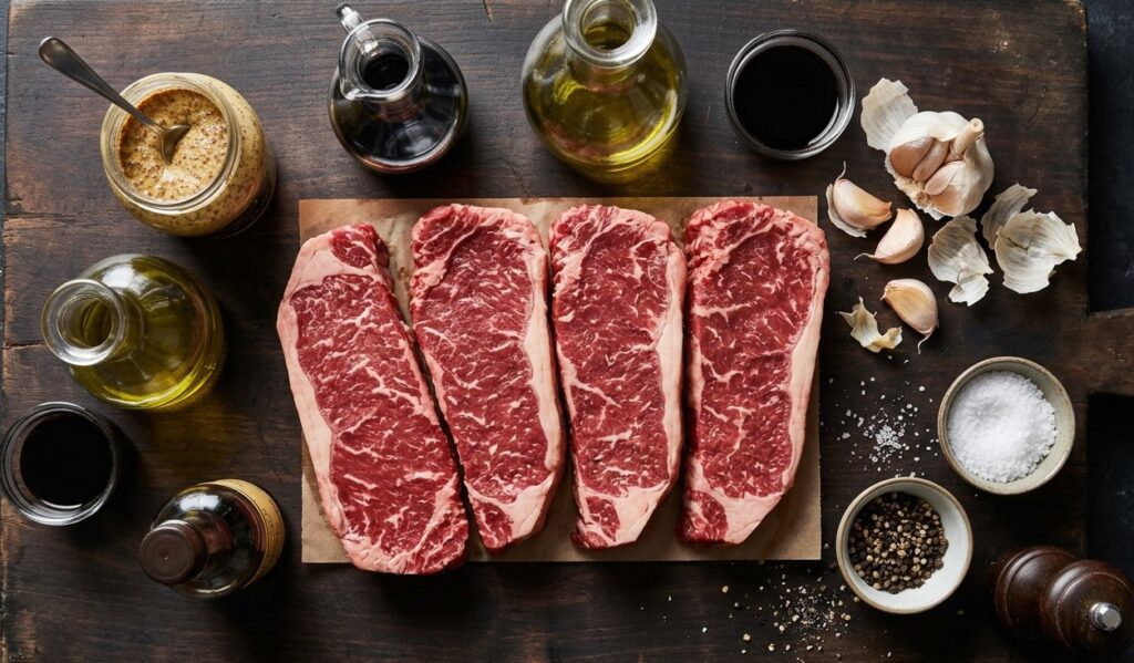 Ingredients for the best steak marinade and 4 strip steaks.