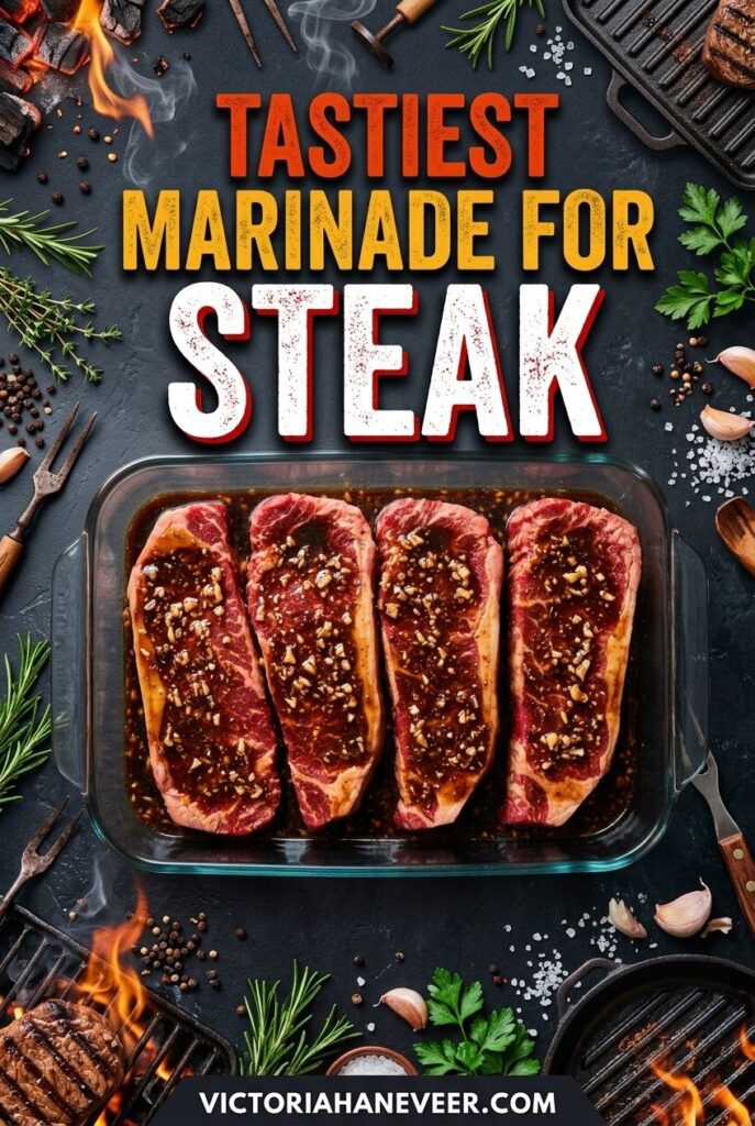 Tastiest marinade for steak Pinterest pin featuring four steaks in marinade in a glass dish.