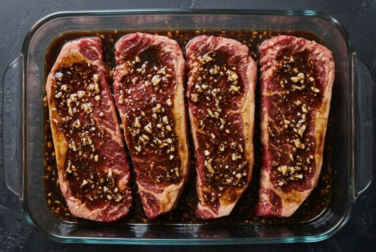 Four steaks marinating in a glass baking dish.
