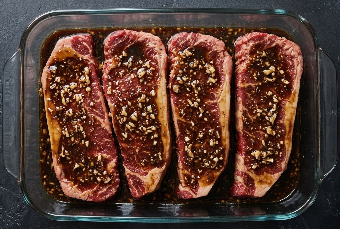 Four steaks marinating in a glass baking dish.