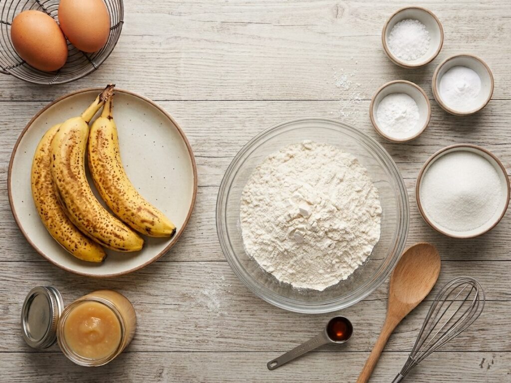 Ripe bananas, applesauce, eggs and baking ingredients arranged on a wooden surface.
