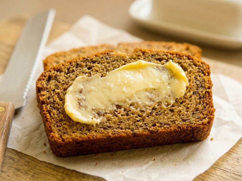 Close-up of a slice of banana bread with applesauce spread with butter.