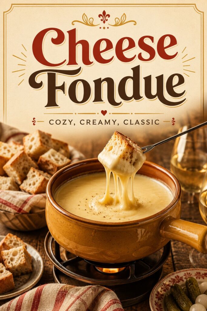 A bowl of cheese fondue with a piece of bread on a fondue fork.