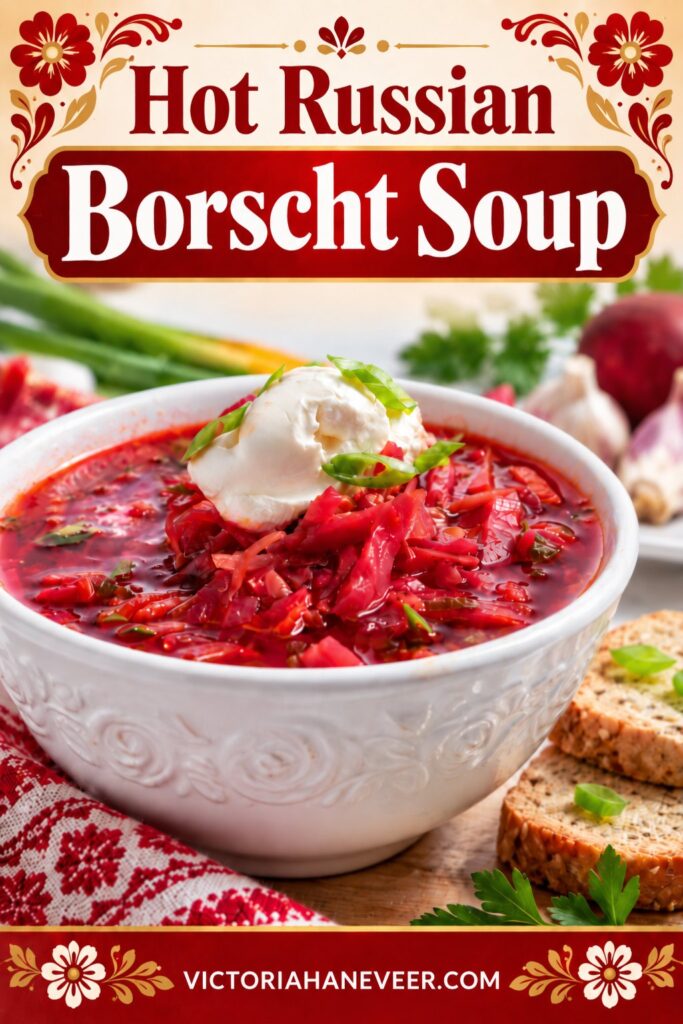 A bowl of homemade borscht soup with a dollop of sour cream on top and text overlay with the recipe name.