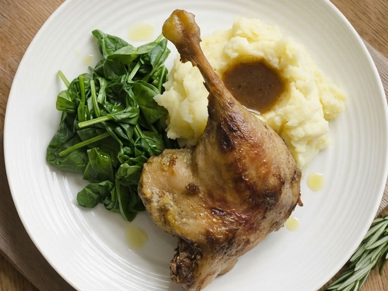 Overhead view of a roasted duck leg with mashed potatoes, brown gravy and spinach.