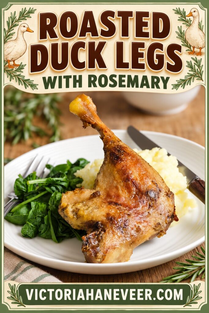 Roasted duck legs image with duck leg, spinach and potato, and text overlay.