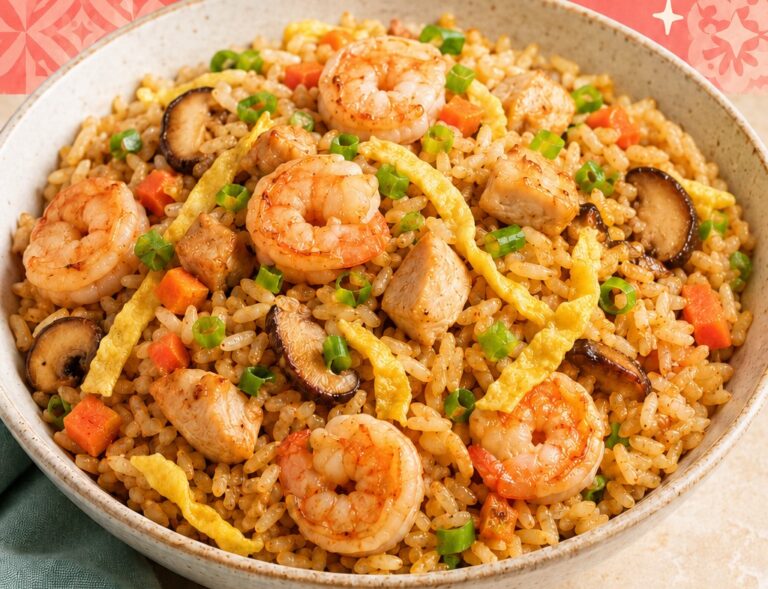 Indonesian nasi goreng in a white bowl, ready to eat.