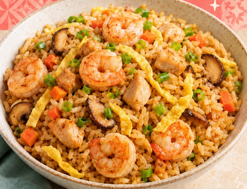 Indonesian nasi goreng in a white bowl, ready to eat.