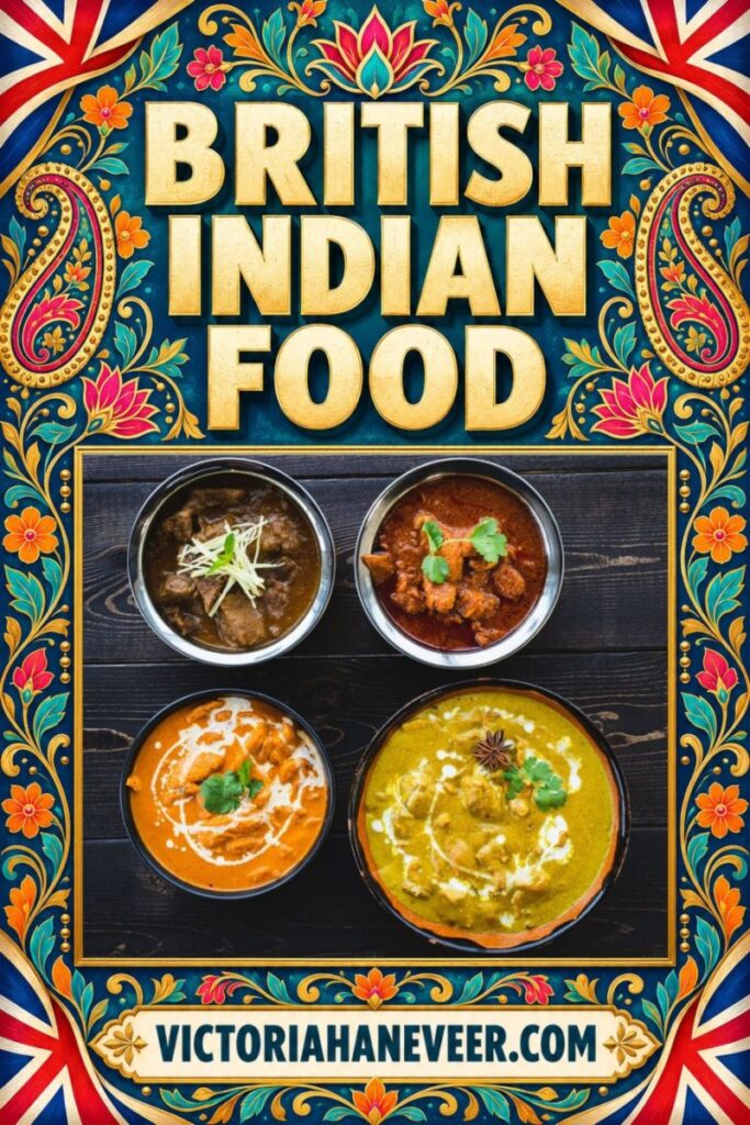 Four Indian curries with "British Indian Food" as a text overlay.