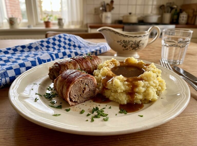Bacon-wrapped slavinken, including a cut roll, served with mashed potatoes and brown gravy.