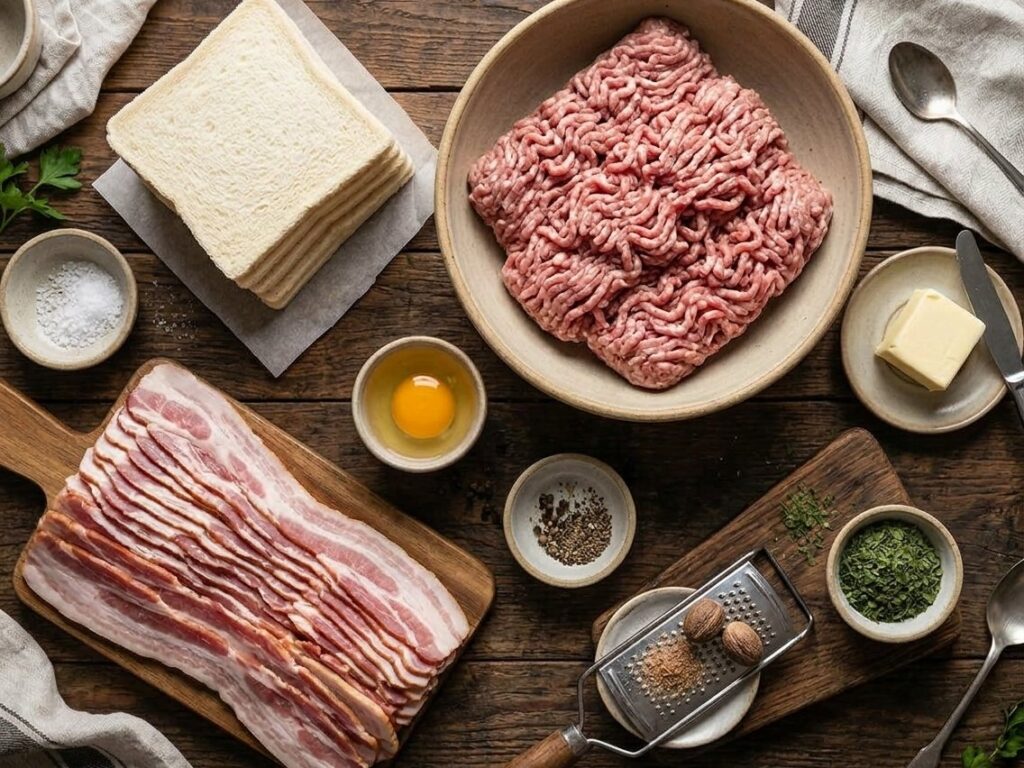 Ground meat, streaky bacon, white bread, egg, butter, salt, pepper, nutmeg and dried herbs arranged on a wooden table.