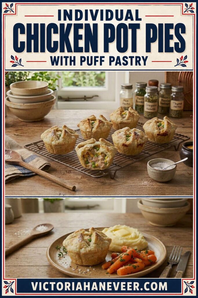 Chicken pot pies with text overlay.