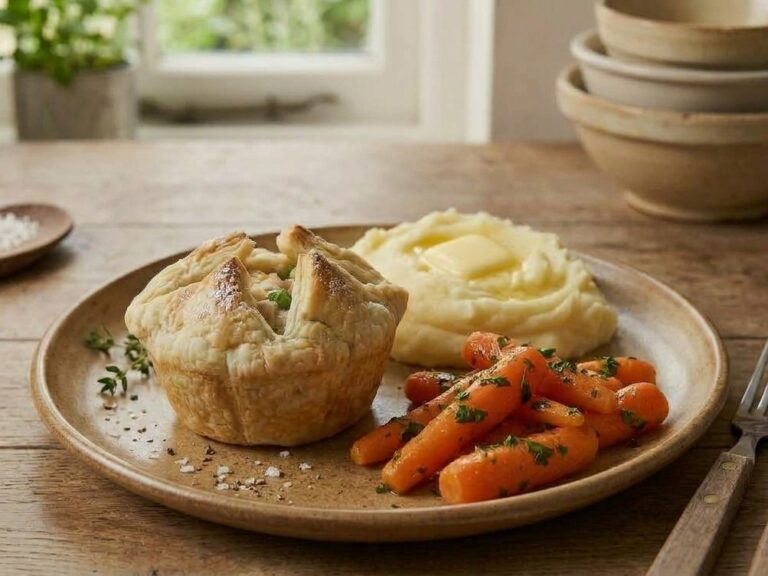 A mini chicken pot pie on a plate with mashed potatoes and carrots.