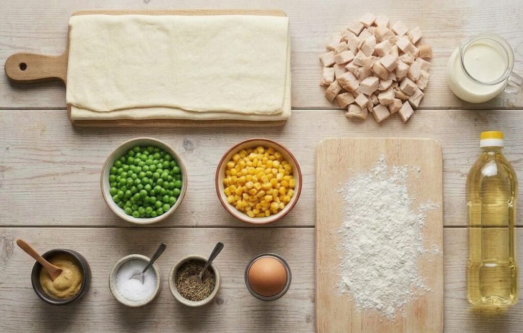 Ingredients to make chicken pot pies.