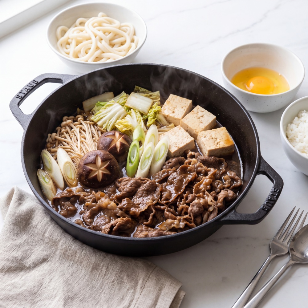 A pan of Japanese beef sukiyaki with udon noodles and egg in the background.
