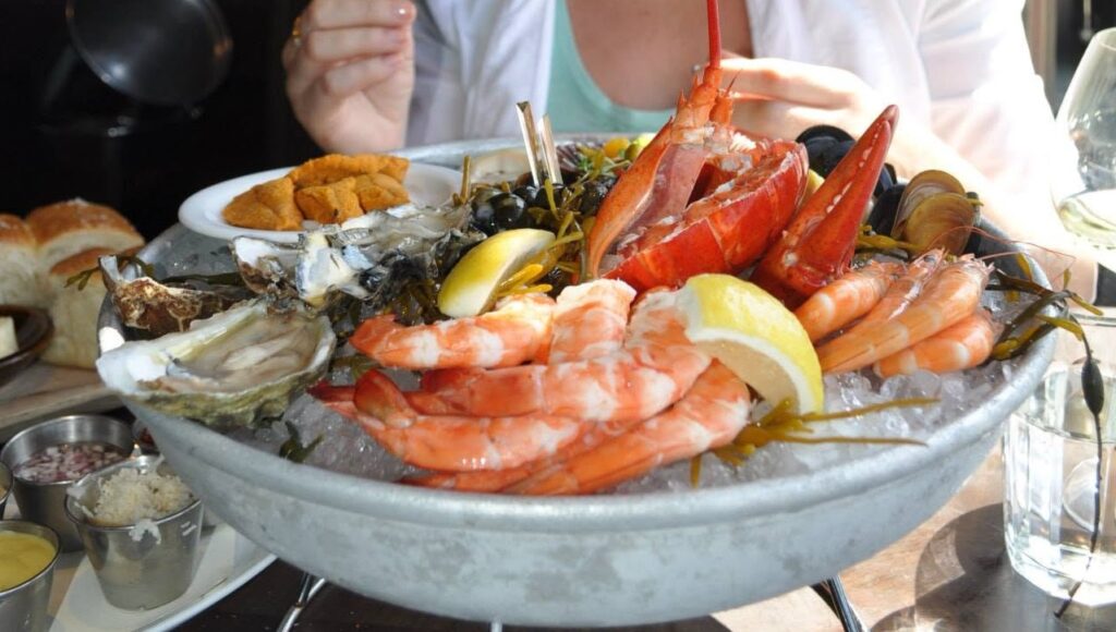 A large fruits de mer platter at a restaurant in California
