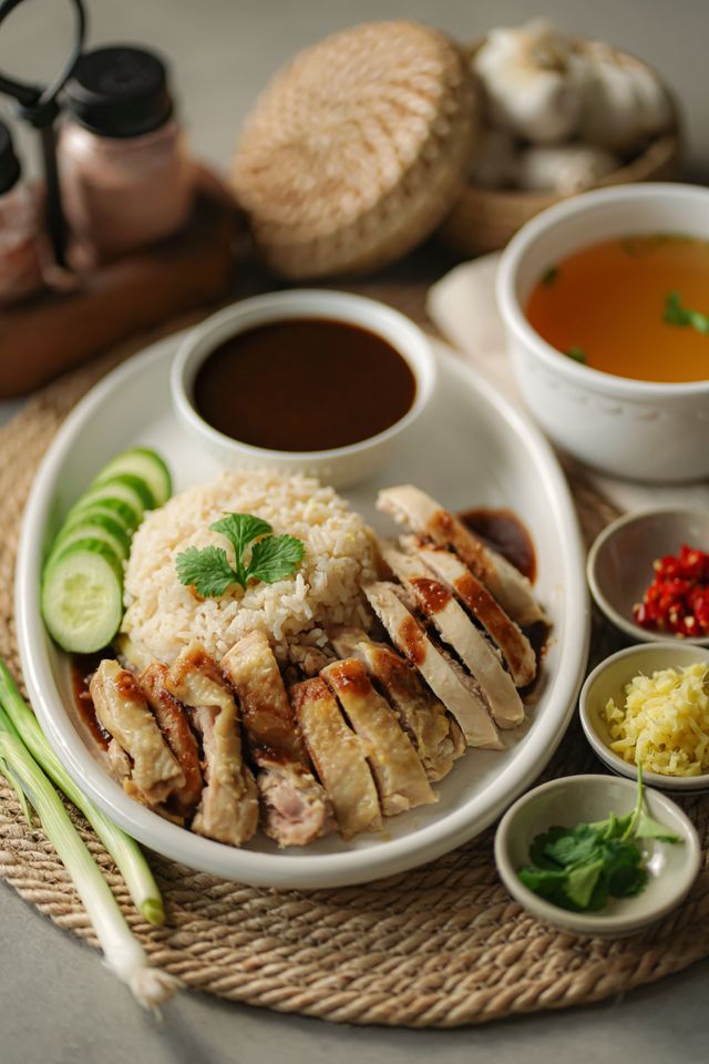 Steamed chicken thighs with rice and garnishes.
