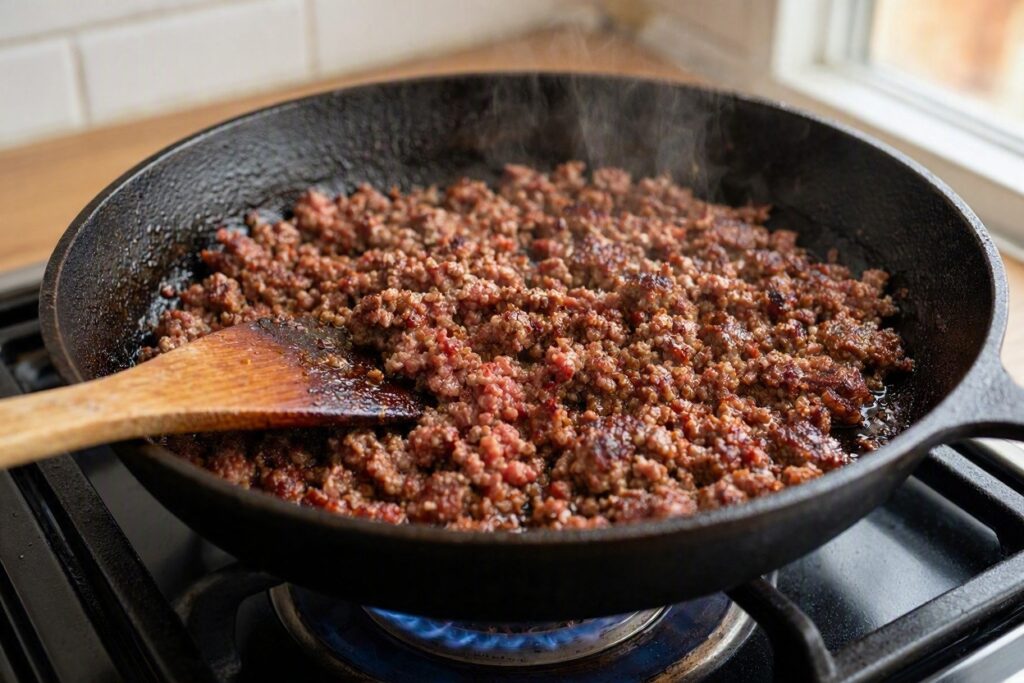 Ground beef browning in a cast iron skillet.