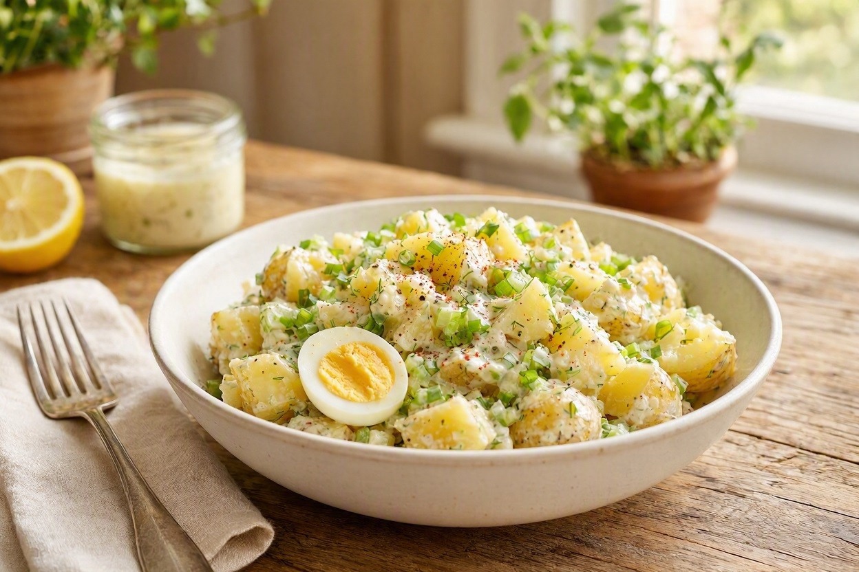 Potato salad made with Carisma potatoes and topped with fresh herbs and a boiled egg garnish.