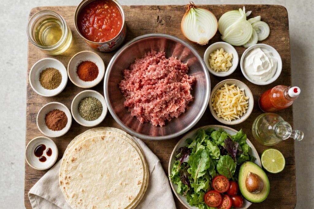 Ingredients for diabetic chili con carne with ingredients for tortilla bowls and a salad.