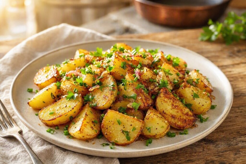 A plate of sauteed Carisma potatoes with herbs on top.
