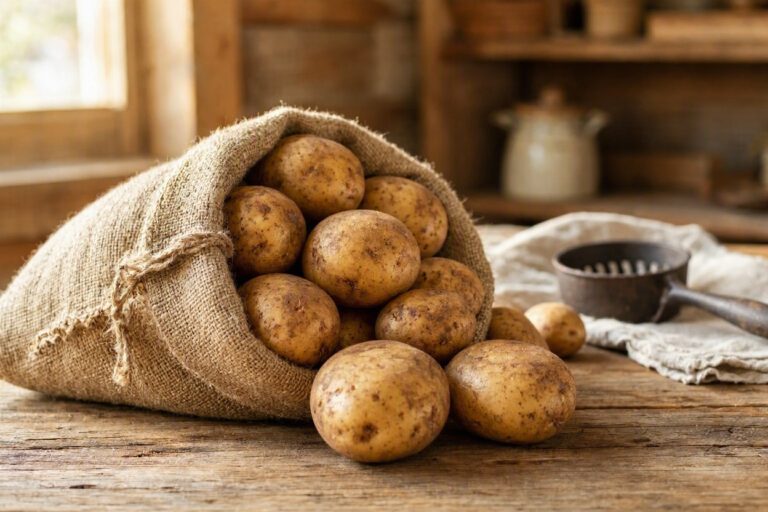 A sack of potatoes with some spilling out.