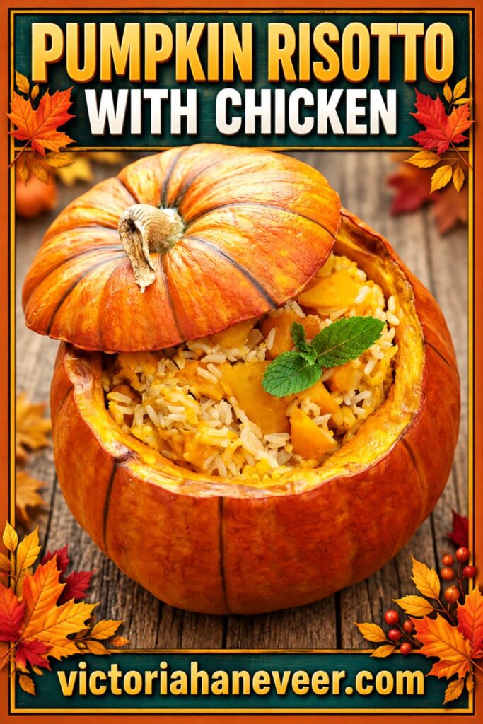 Pumpkin Risotto with Chicken and text overlay, for Pinterest.