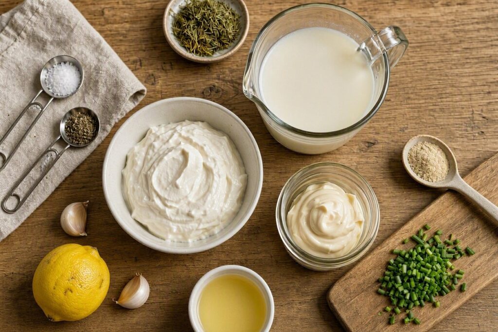 Ingredients for making buttermilk ranch dressing.