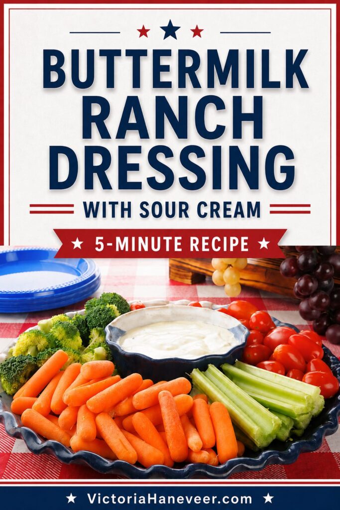 Buttermilk ranch dressing with vegetables all around and text.