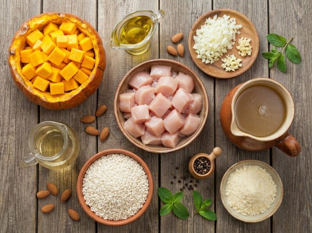 Ingredients to make chicken and pumpkin risotto in pumpkin bowls.