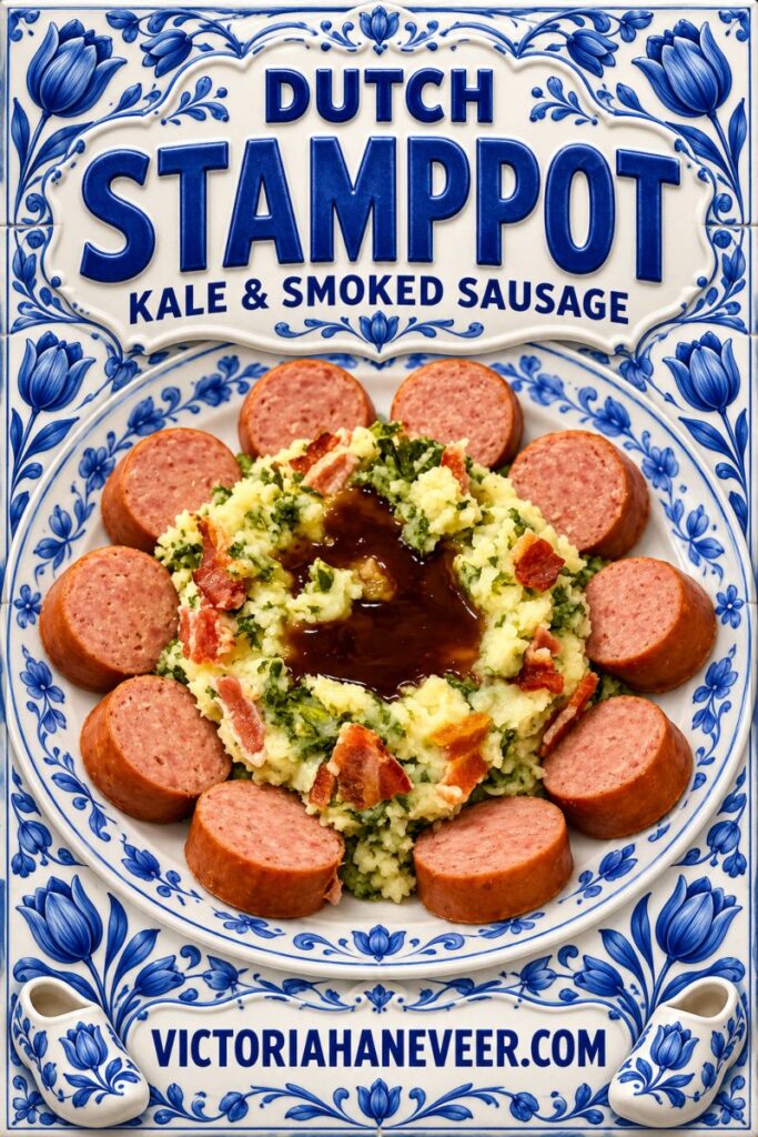 A dish of Dutch boerenkoolstamppot with rookwurst and text overlay.