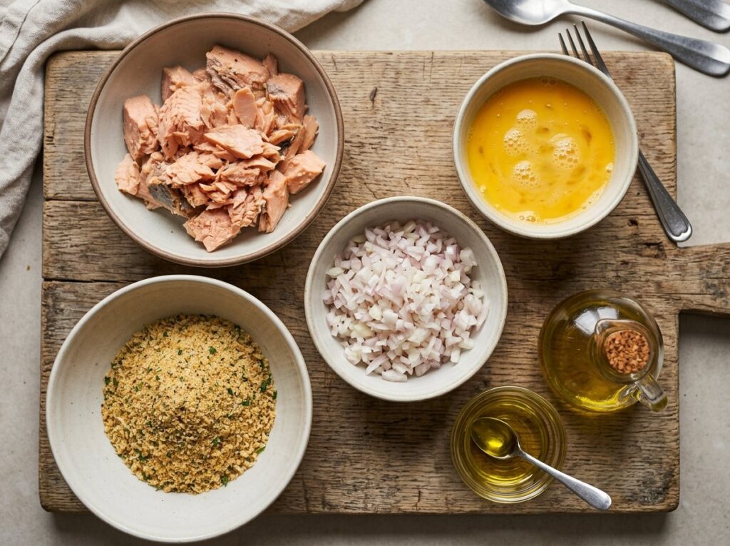 Ingredients for salmon patties on a wooden cutting board.