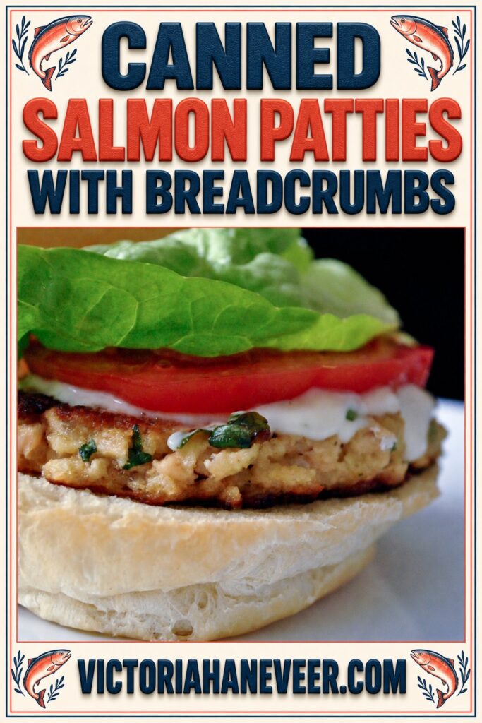 Canned salmon patty in a bun with text overlay.