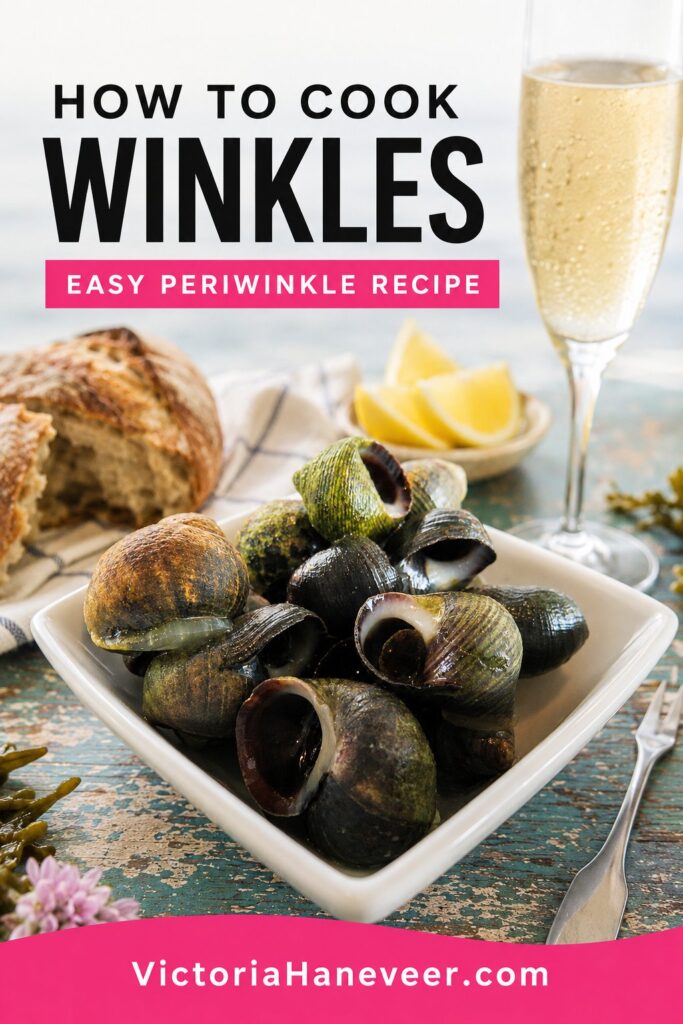 A close-up shot of a small bowl of winkles with bread, lemon wedges and champagne in the background.