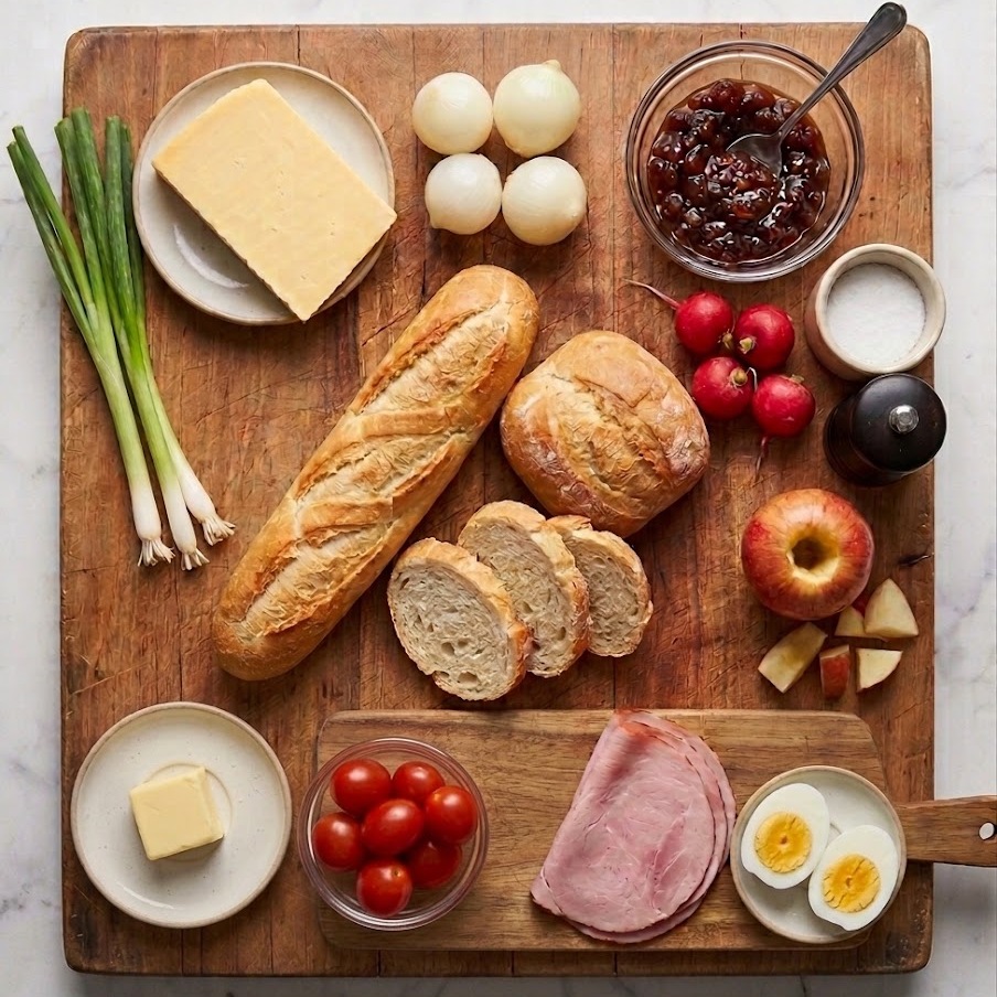 Ingredients for making a ploughman's lunch.