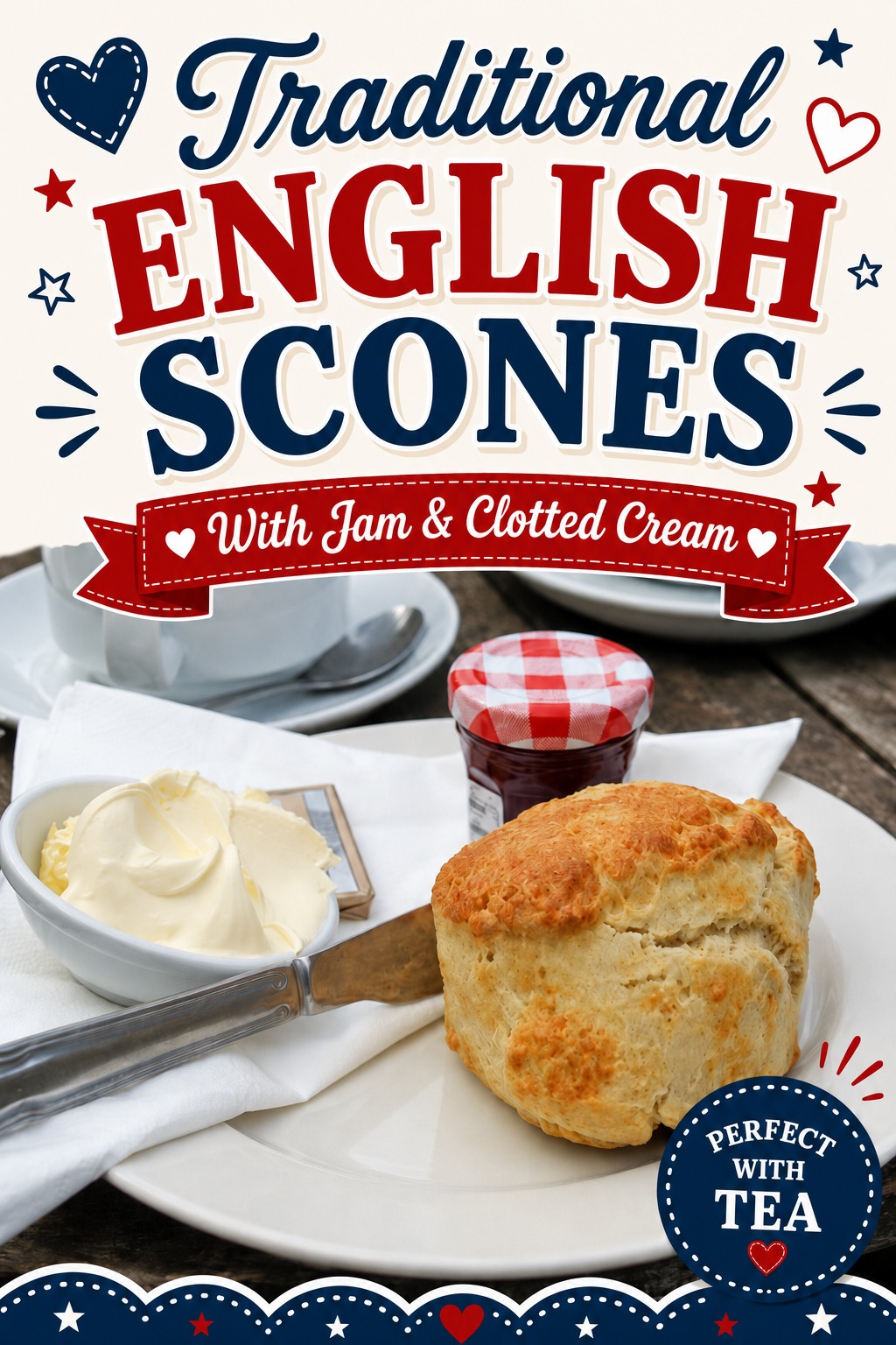 British scones recipe with jam and clotted cream on the side.