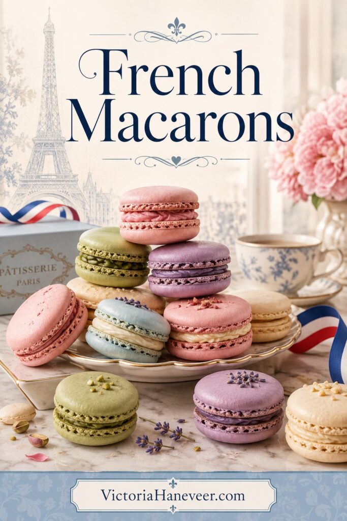 Handmade French macarons in different colors and flavors.