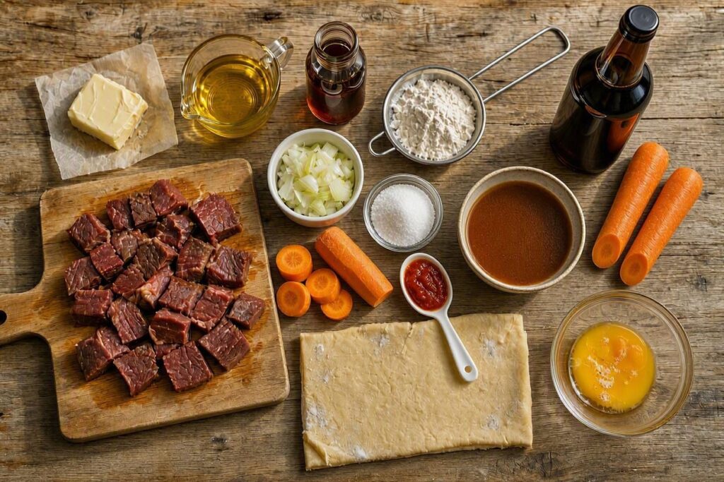 Ingredients for making a British steak and ale pie, or British beef and ale pie, on a wooden table.